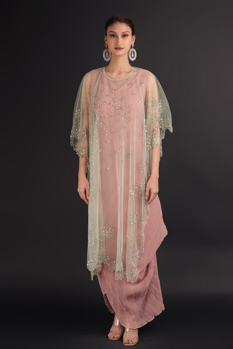 Hand embroidered hi low cape crinkled draped dress