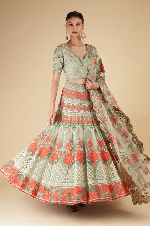 Mint Floral Embroidered Lehenga