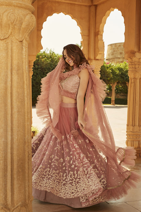 Net Rose Peach Lehenga Set