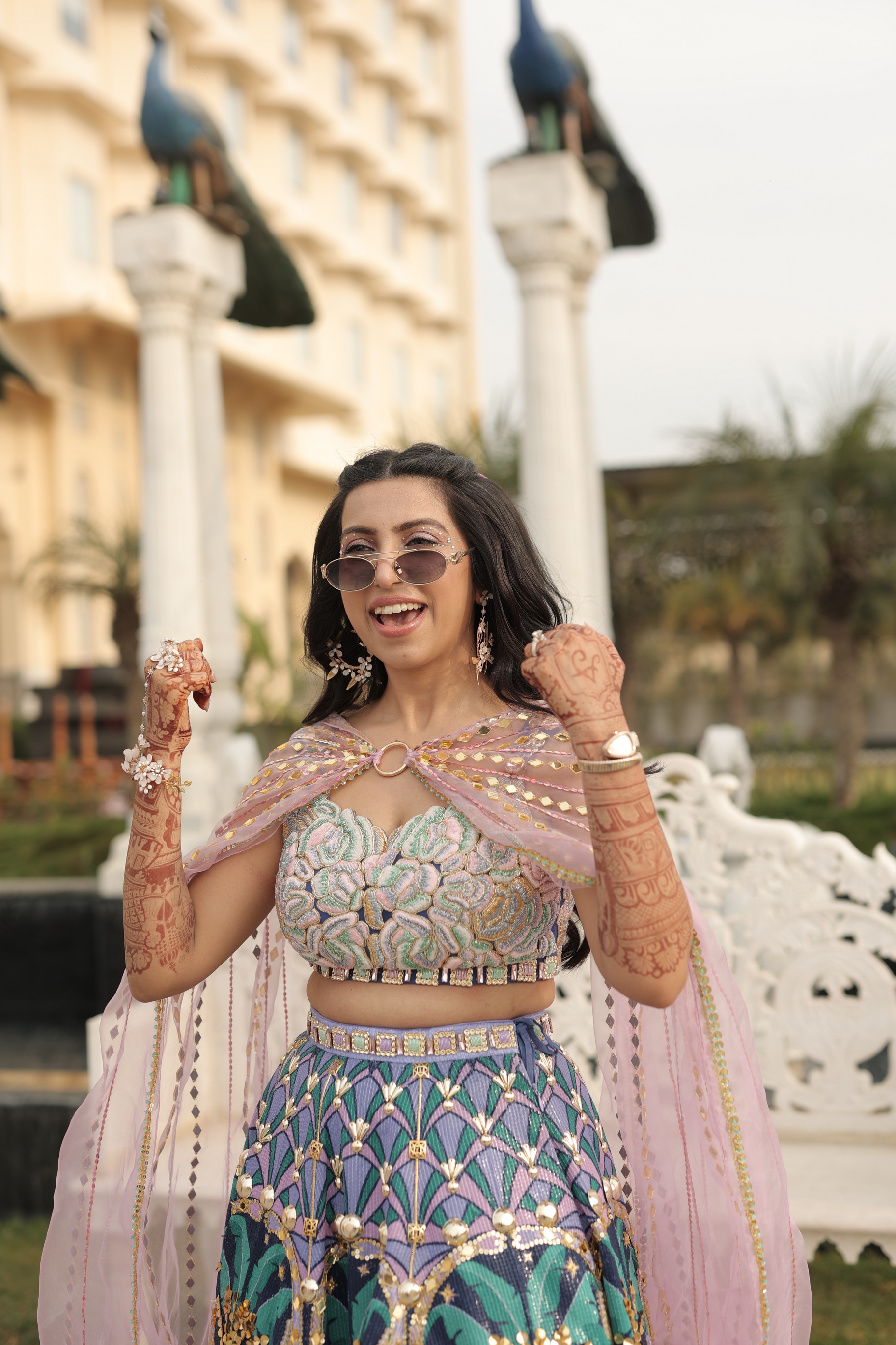 Tropical Blue Printed and Embellished Midi Lehenga