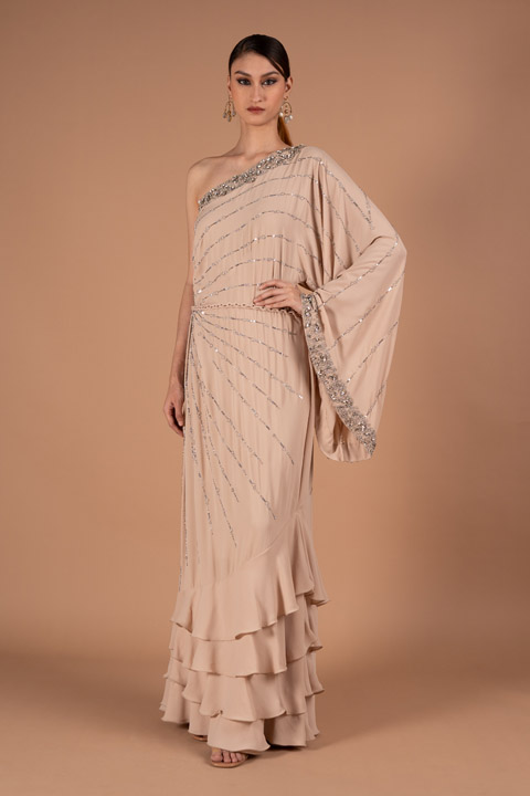 Beige Georgette One shoulder Gown