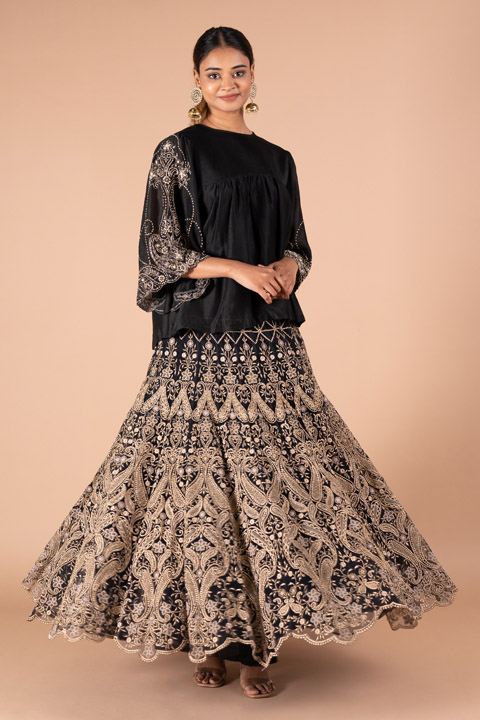 BLACK EMBROIDERED TOP BOTTOM SET