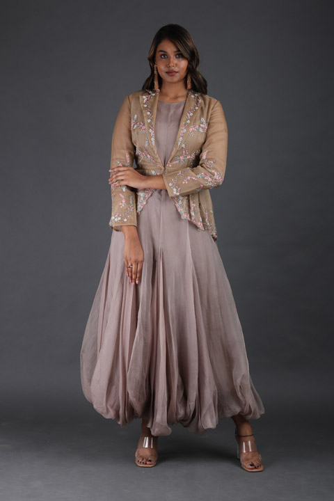 Grey Balloon Gown With A Jacket