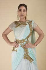 Gold Embellished Turquoise Saree Gown_DTR2675