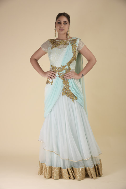 Gold Embellished Turquoise Saree Gown