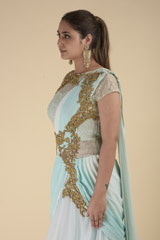 Gold Embellished Turquoise Saree Gown_DTR2680