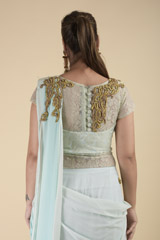 Gold Embellished Turquoise Saree Gown_DTR2683