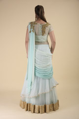 Gold Embellished Turquoise Saree Gown_DTR2684