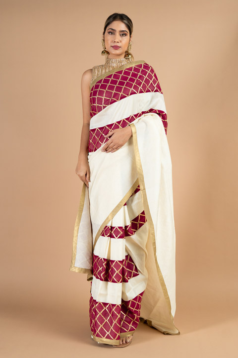 Off-White Saree with Stripes
