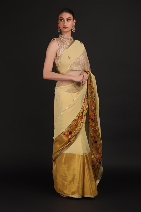 Beige Aari Embroidered Saree