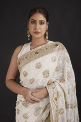 Cream Chikankari Georgette Saree_DTR1966