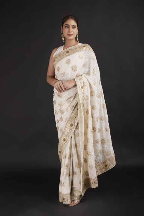 Cream Chikankari Georgette Saree