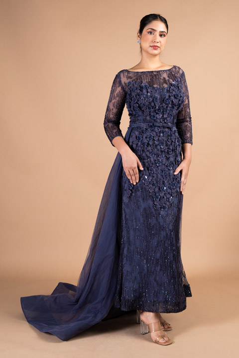 Dark Blue Gown with Organza Train
