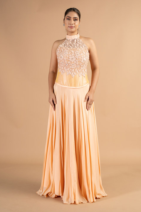 Peach Halter Neck With  Lace Work