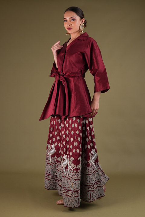 Wine Kimono Top Sharara Set