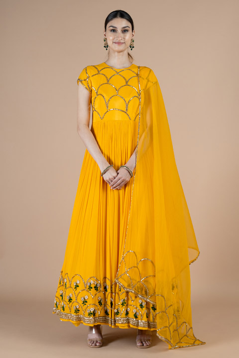 Yellow Scallop Anarkali Set