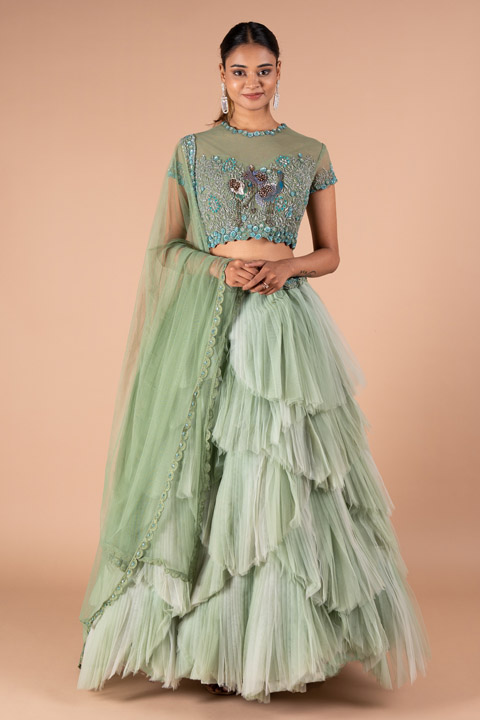 Layered Sea Green Lehenga