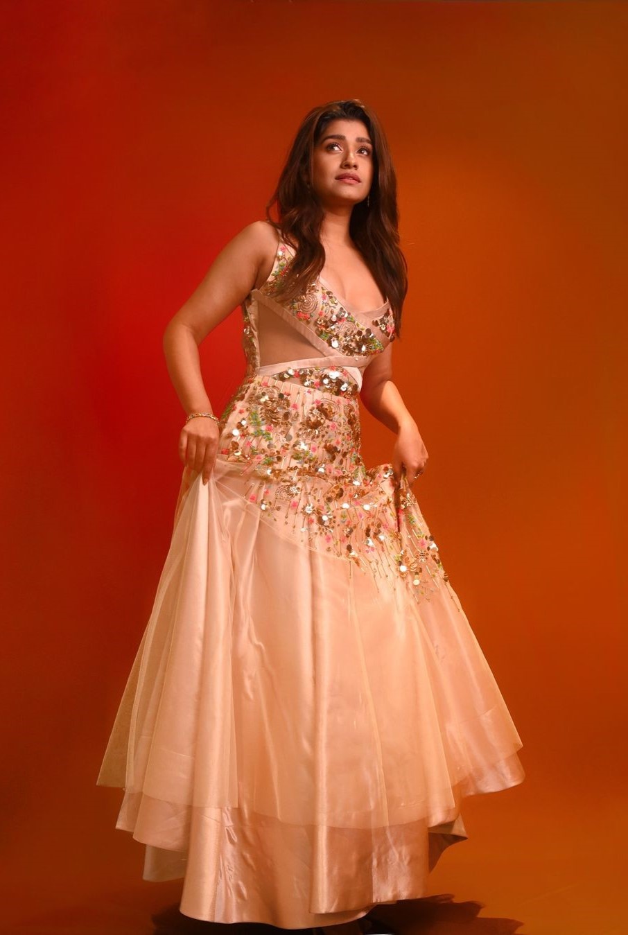 Beige 3D Abstract Embroidered Gown