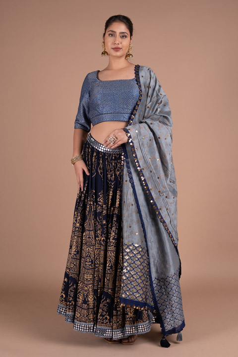 Blue Chanderi Printed Lehenga