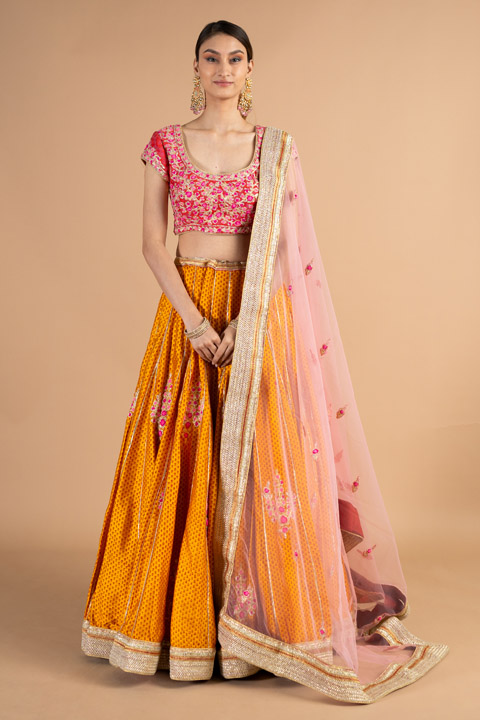 Yellow Block Printed Raw Silk Lehenga