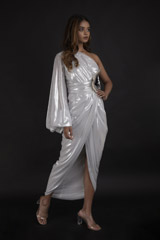 Silver One Shoulder Pouff Draped Gown