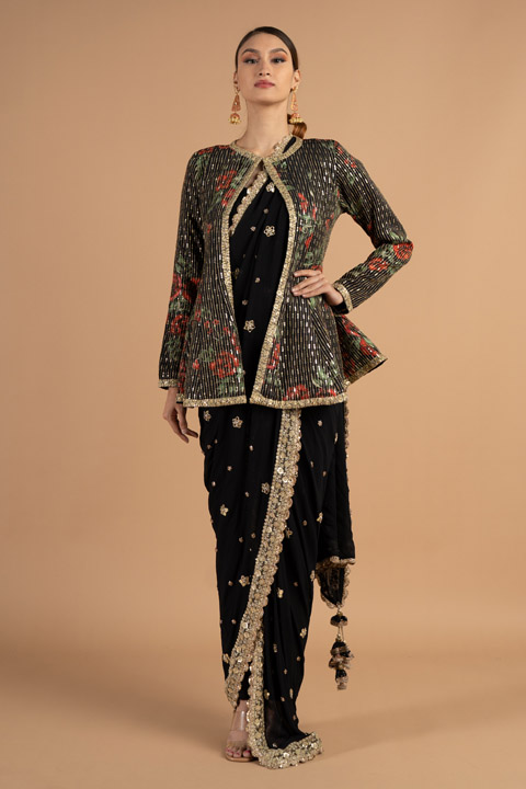 Black Embellished Pants Saree