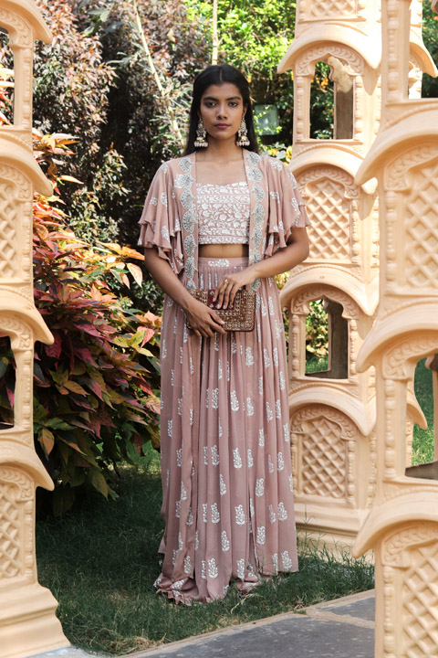 Embroidered Beige Cape with Bustier And Skirt