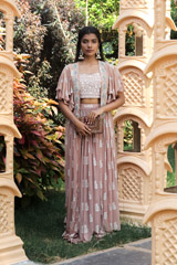 Embroidered Beige Cape with  Bustier And Skirt