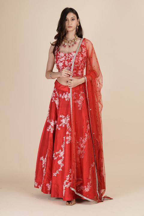 Red Embroidered Lehenga
