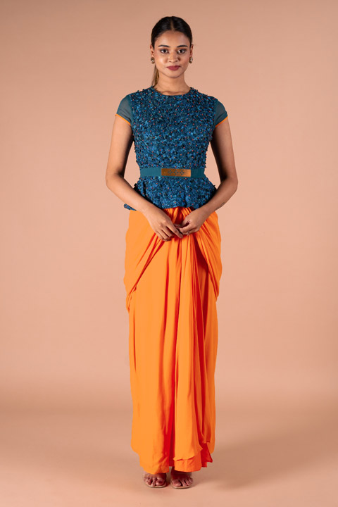 Orange And Turquoise Embellished Gown