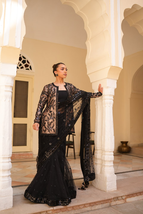 Black Embellished Saree With A Jacket