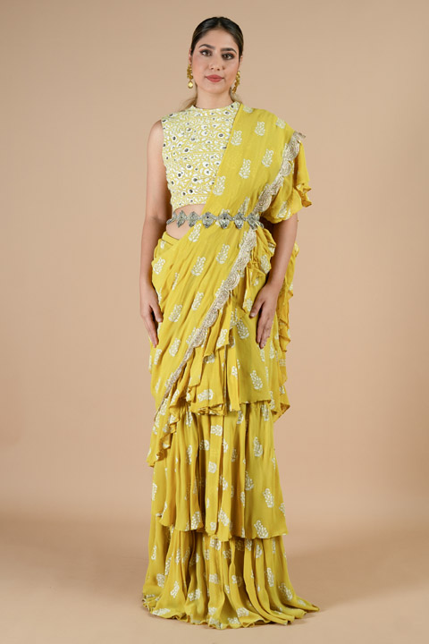 Yellow Frill Saree With Ambi Print