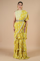 Yellow Frill Saree With Ambi Print