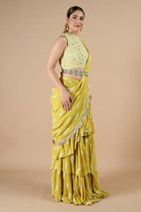 Yellow Frill Saree With Ambi PrintDSC09225