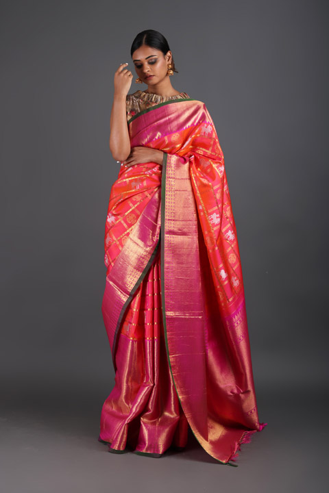 Orange Checkered Silk Saree