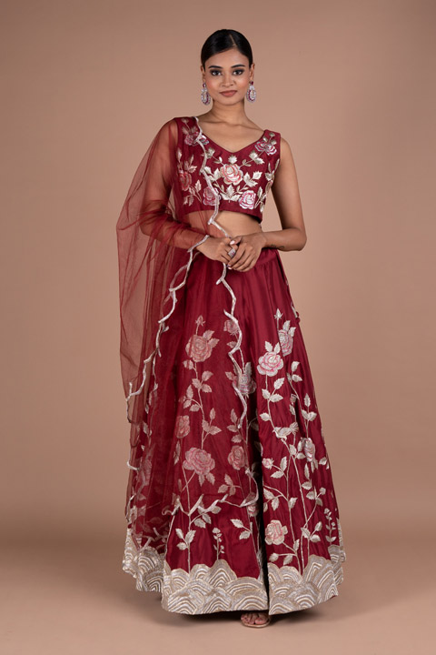 Maroon Embroidery Lehenga Set