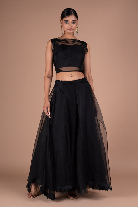 Black Organza Crop Top And Skirt