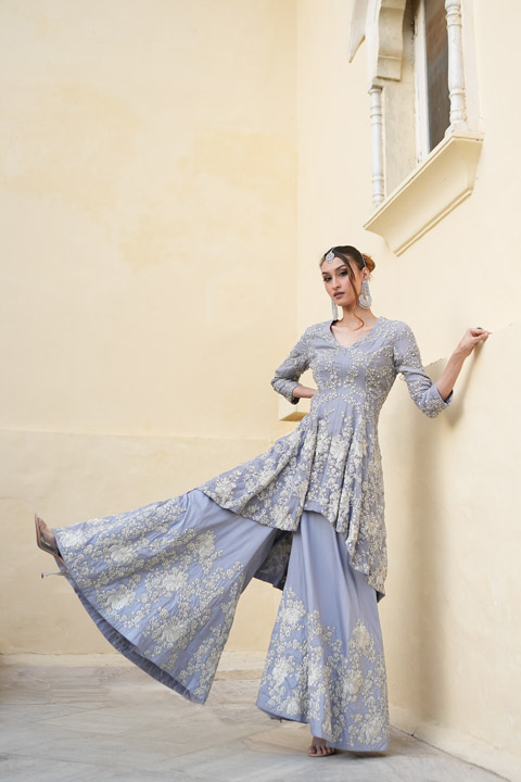 Floral Bunch Embroidered Sharara And Jacket