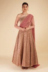 Peach Embroidered Draped Lehanga Set