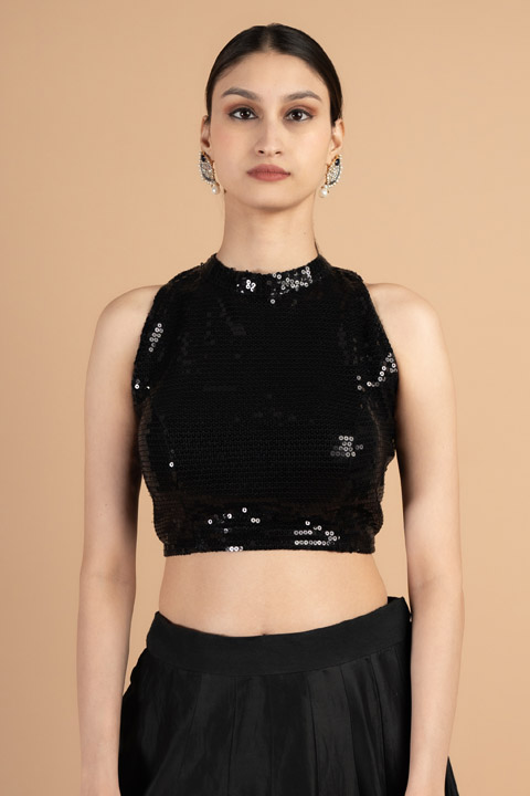 Black Sequin Sleeveless Saree Blouse