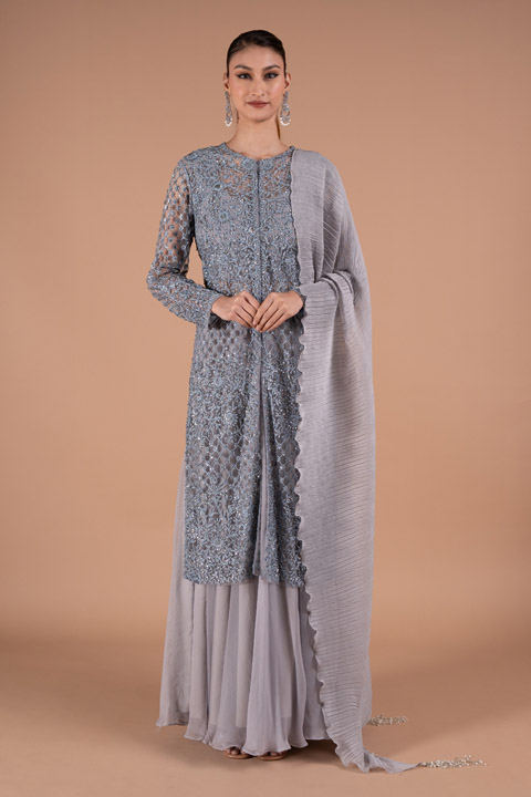 Steel Grey Jaal Work Lehenga