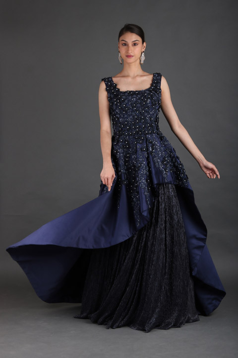 Blue 3D Floral Embellishments Gown