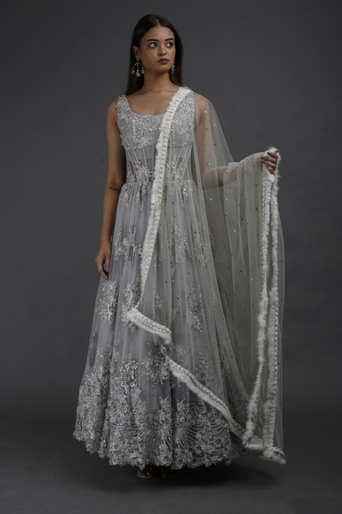 Grey Embellished Corset Gown