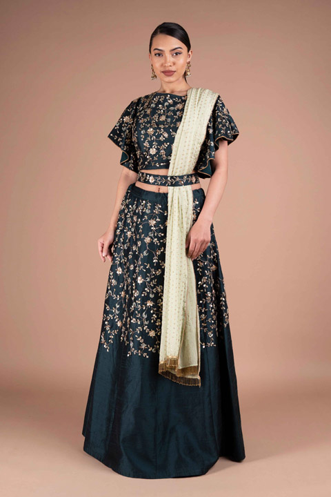 Bottle Green Rawsilk Lehenga