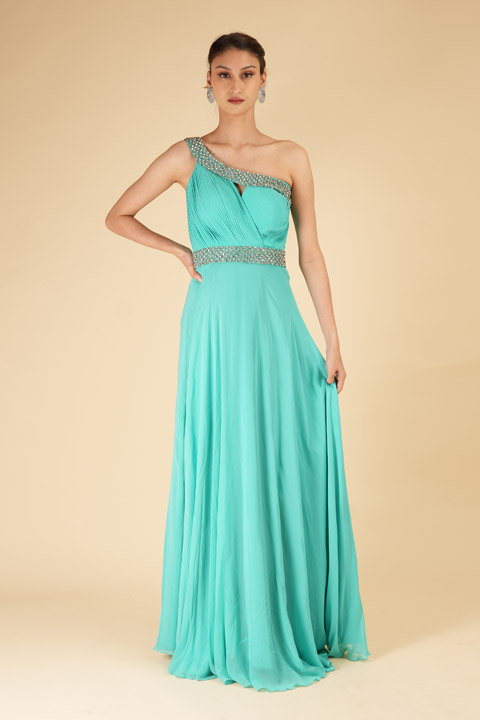 Turquoise One Shoulder Gown