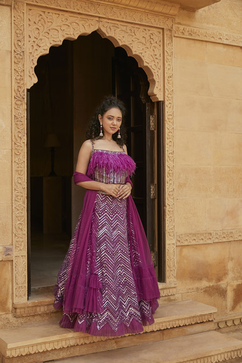 Purple Feather Embellished Lehenga Set