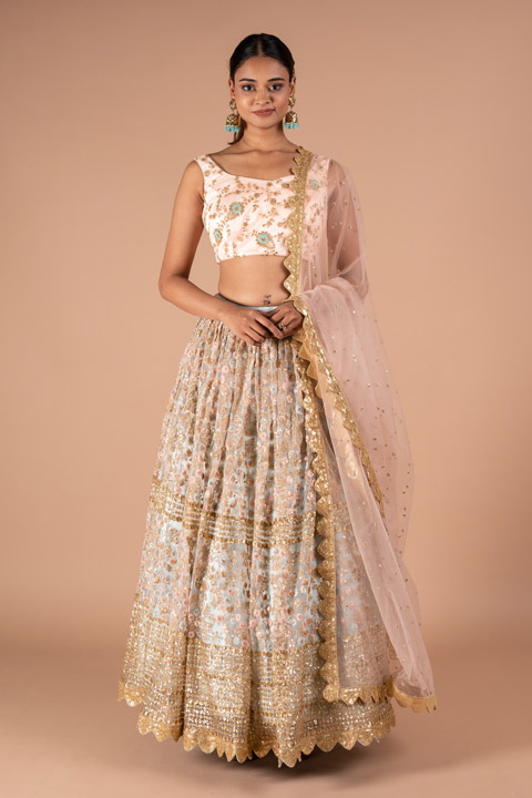 Aqua Blue And Coral Lehenga