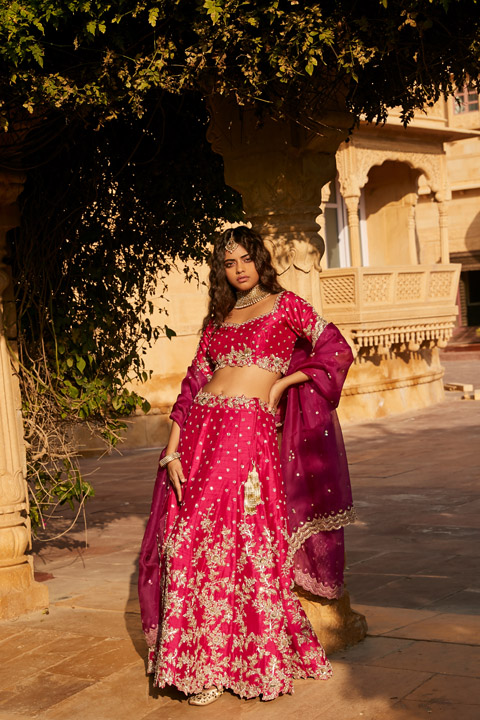 Magenta Raw Silk Cutwork Embroidered Lehenga