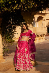 Magenta Raw Silk Cutwork Embroidered Lehenga