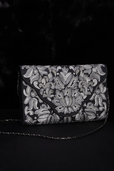Dark Grey Embroidered Clutch